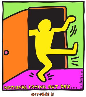National Coming Out Day logo of Keith Haring stick person coming out of closet